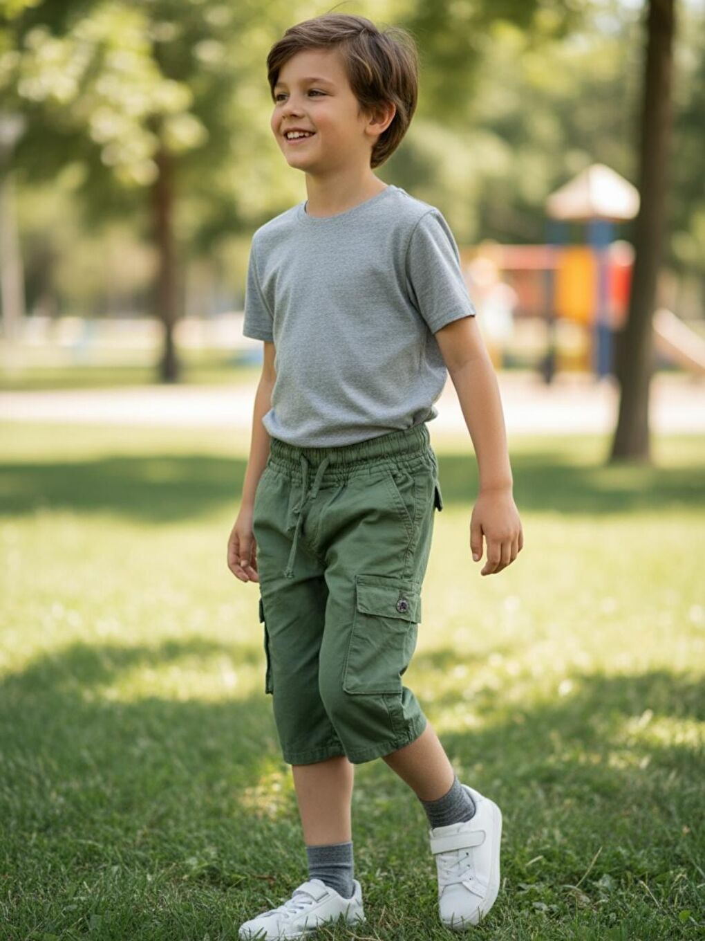 Haki Erkek Çocuk Bel Lastikli Yan Cepli 3-14 Yaş Kapri Şort-1