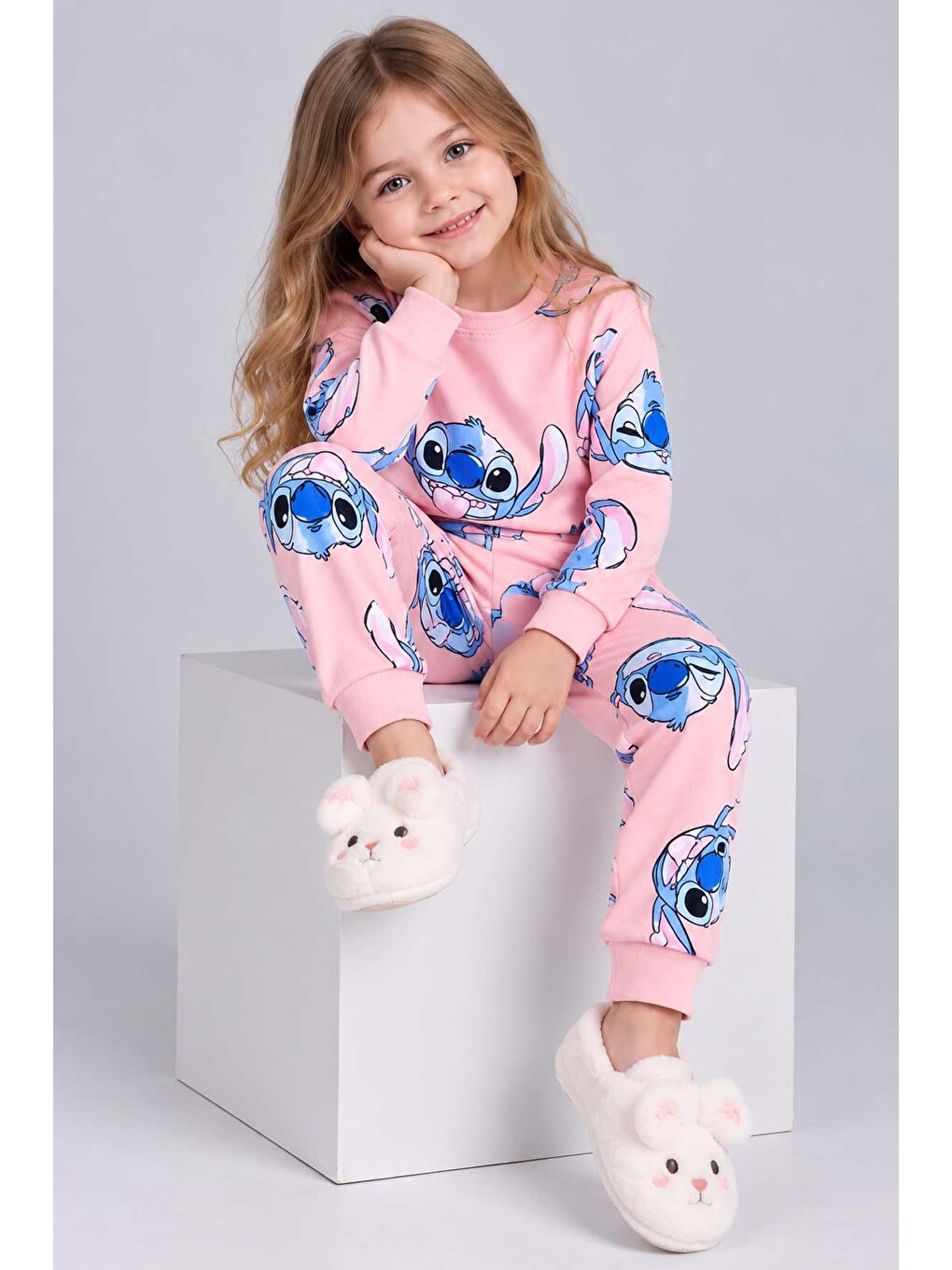 Kız Çocuk Bisiklet Yaka Bilekleri Stitch Baskılı Pembe Pijama Takımı-2
