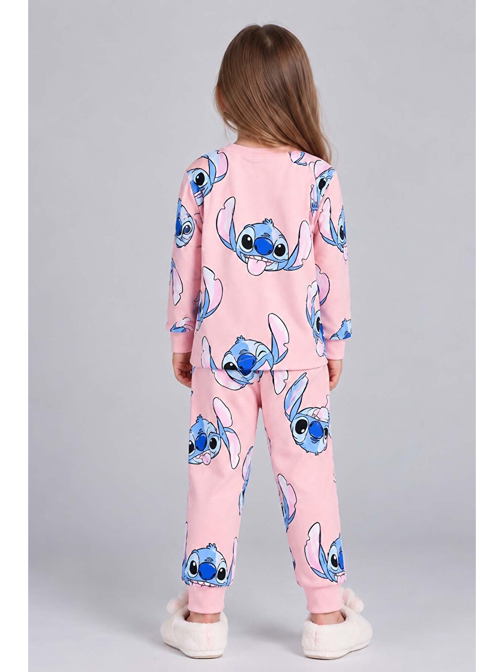 Kız Çocuk Bisiklet Yaka Bilekleri Stitch Baskılı Pembe Pijama Takımı-3