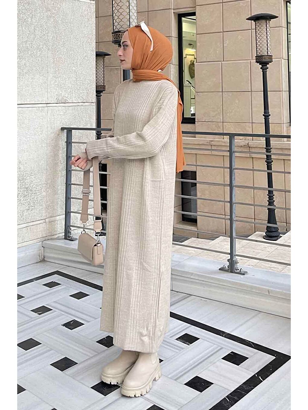 Fitilli Triko Uzun Elbise Bej-1