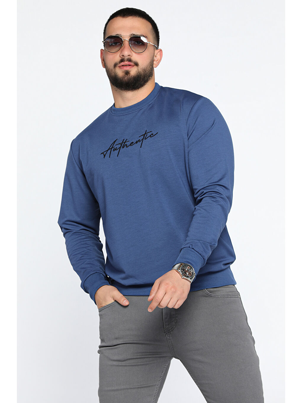 Mishar İtalia İndigo Erkek Bisiklet Yaka Ön Nakışlı Sweatshirt