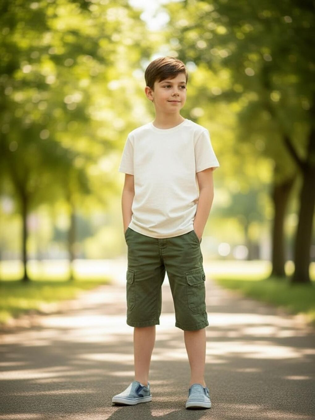 Haki Erkek Çocuk Bel Lastikli Yan Cepli 3-14 Yaş Kapri Şort-3