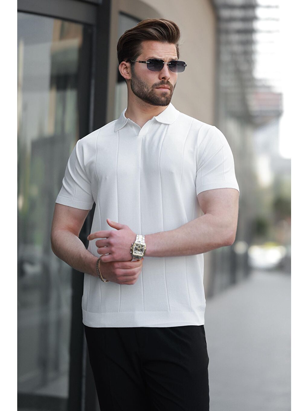 Beyaz Polo Yaka Triko Erkek Tişört E7417-1