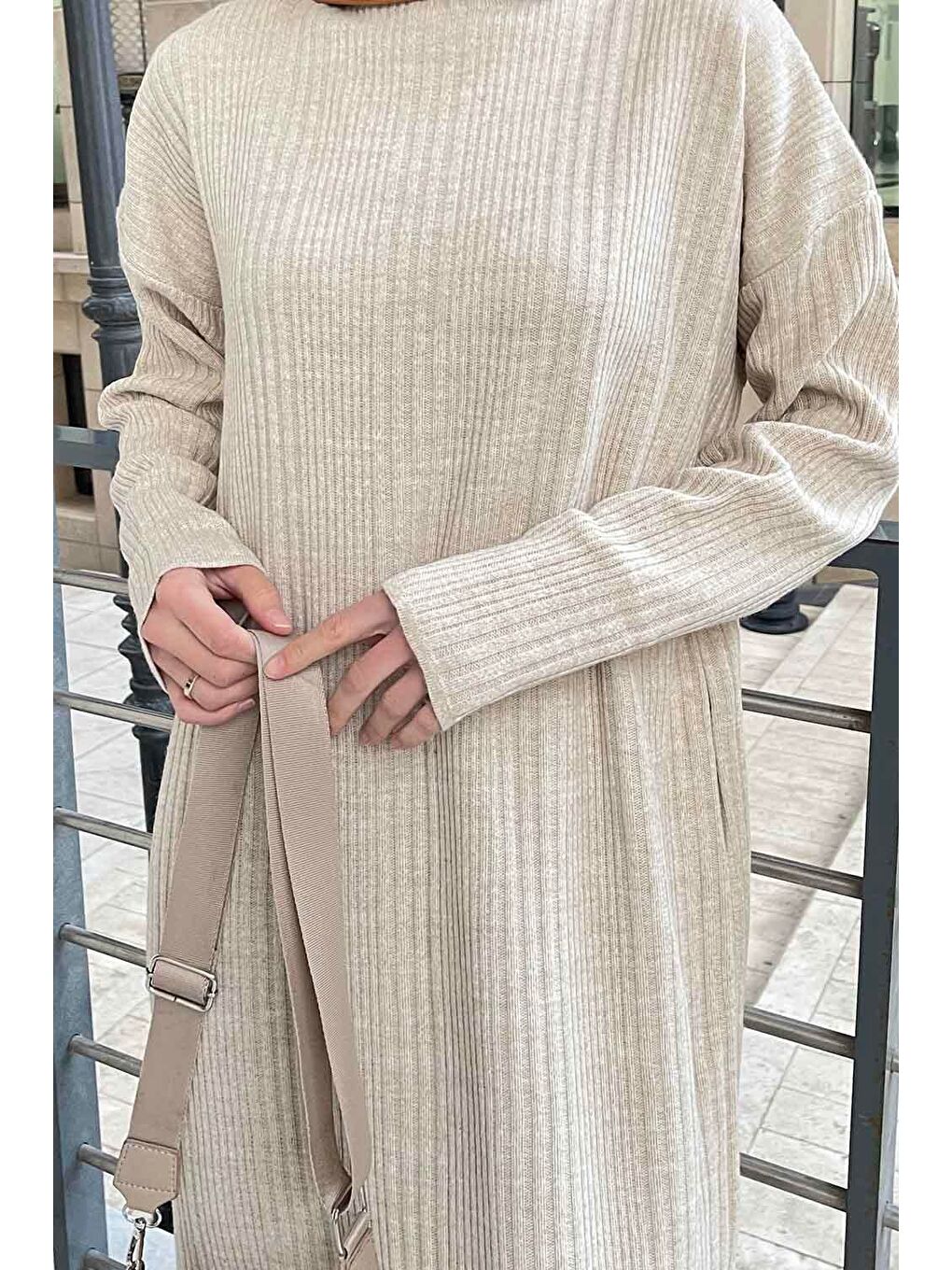 Fitilli Triko Uzun Elbise Bej-2