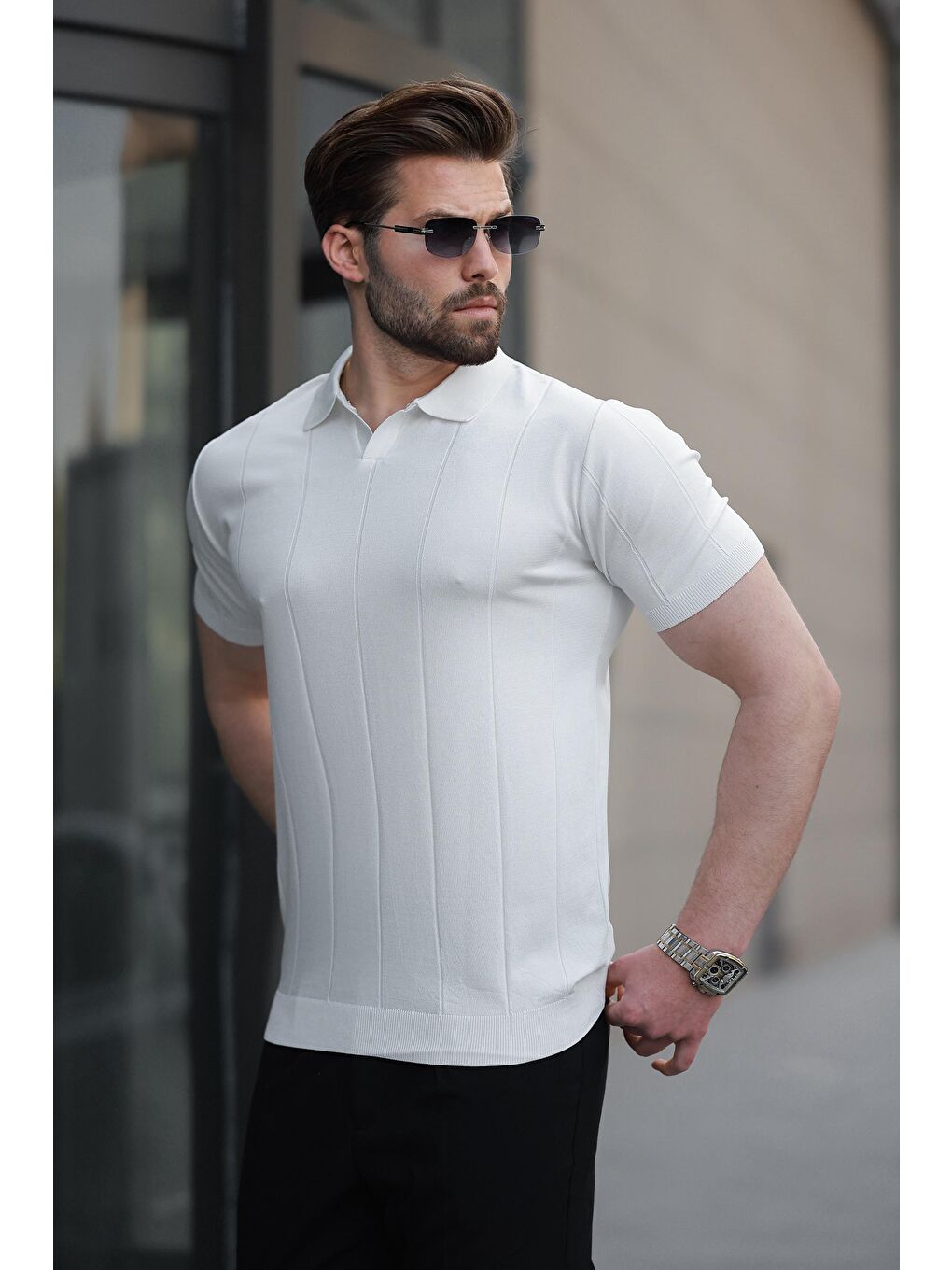 Beyaz Polo Yaka Triko Erkek Tişört E7417-2