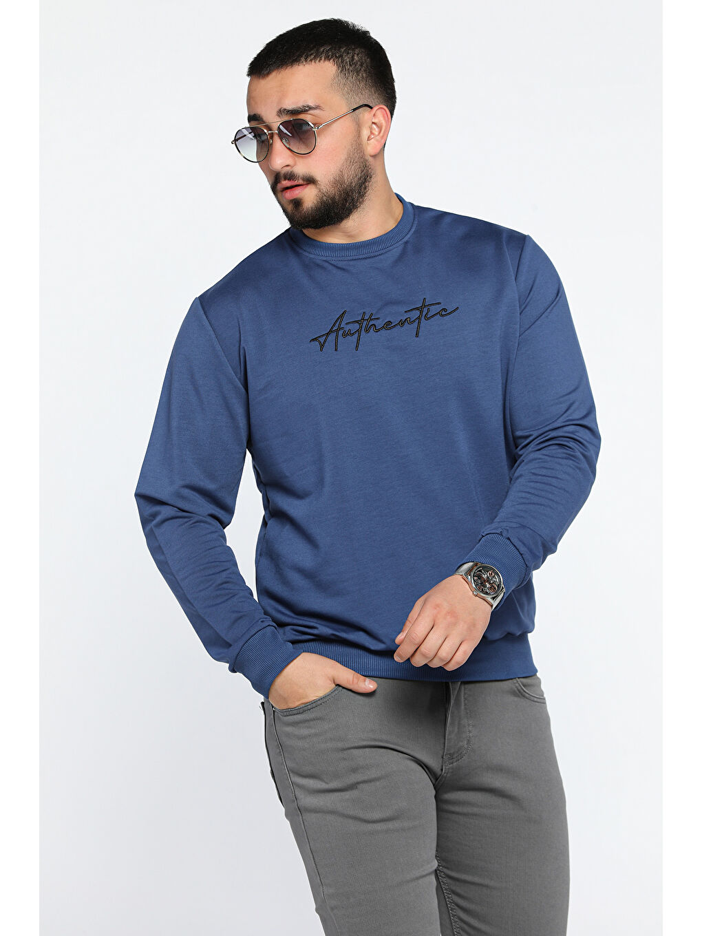 Mishar İtalia İndigo Erkek Bisiklet Yaka Ön Nakışlı Sweatshirt - 1