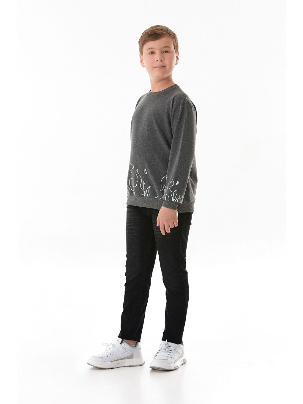 Antrasit Baskılı Bisiklet Yaka Erkek Çocuk Sweatshirt-1