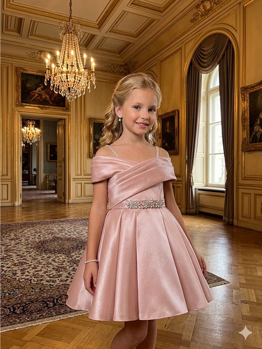 Pembe Kız Çocuk, Bel Swarovski Taş Detaylı, Kayık Yaka,taç Aksesuarlı, Şık,prenses Elbise