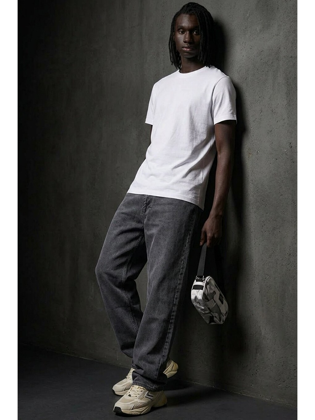Gri Erkek Pamuklu Casual Füme Bol Jean Pantolon-3