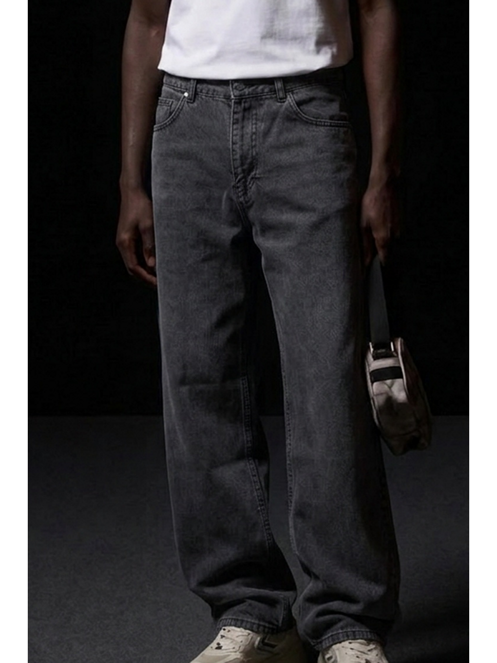 Gri Erkek Pamuklu Casual Füme Bol Jean Pantolon-4