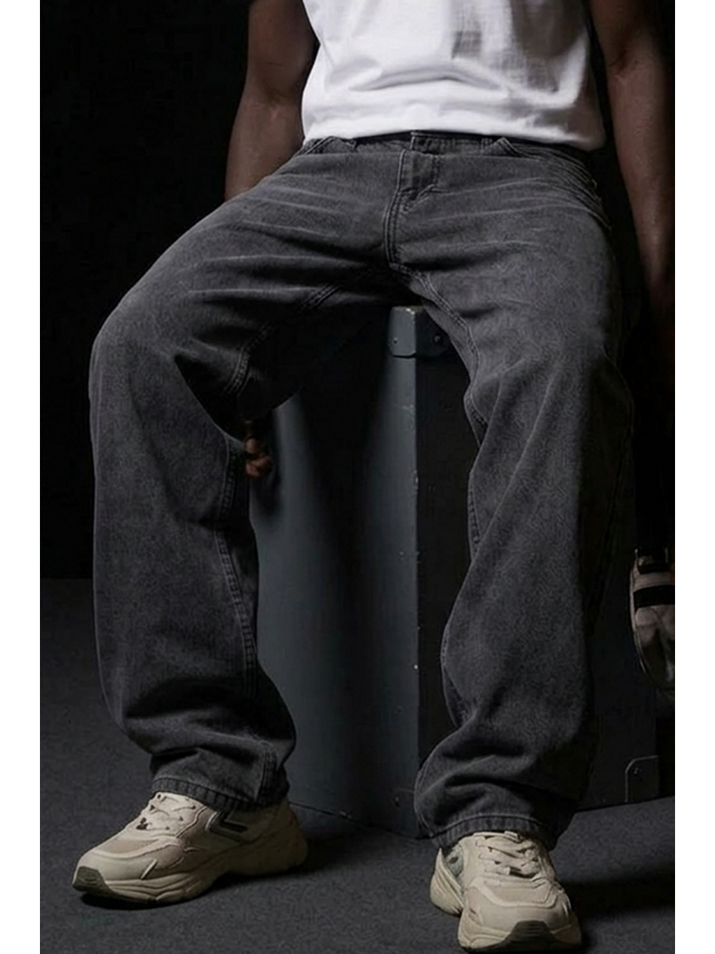 Gri Erkek Pamuklu Casual Füme Bol Jean Pantolon-5