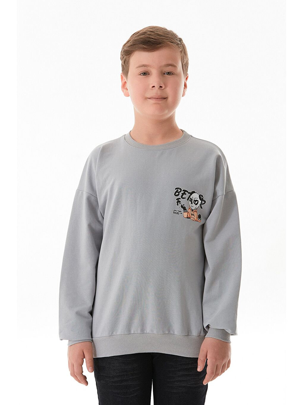 Gri Önü Ve Arkası Baskılı Bisiklet Yaka Erkek Çocuk Sweatshirt