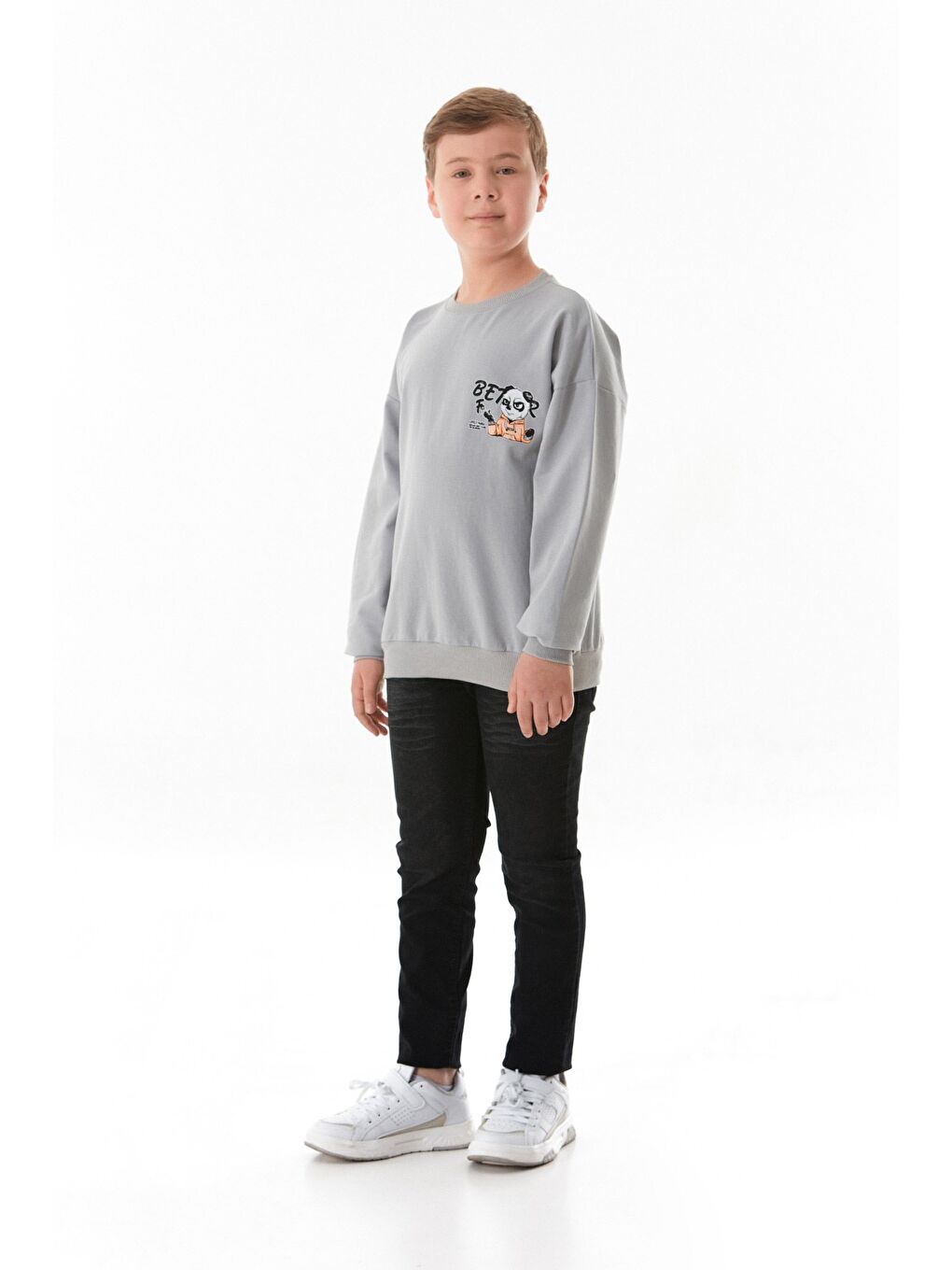 Gri Önü Ve Arkası Baskılı Bisiklet Yaka Erkek Çocuk Sweatshirt-1