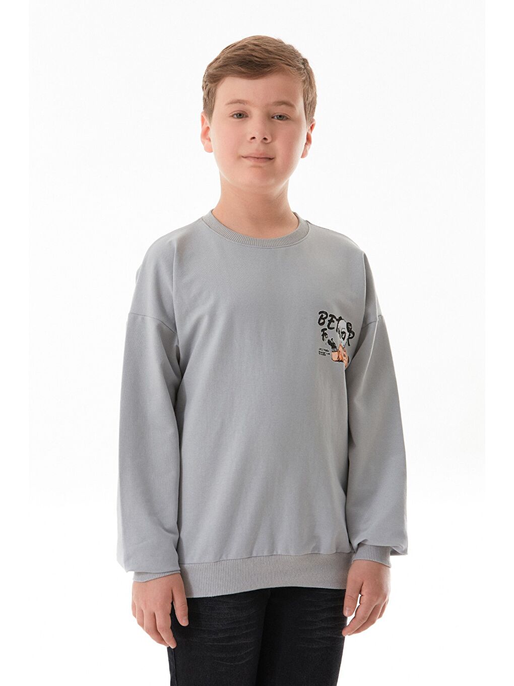 Gri Önü Ve Arkası Baskılı Bisiklet Yaka Erkek Çocuk Sweatshirt-2
