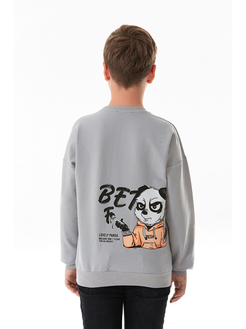 Gri Önü Ve Arkası Baskılı Bisiklet Yaka Erkek Çocuk Sweatshirt-3