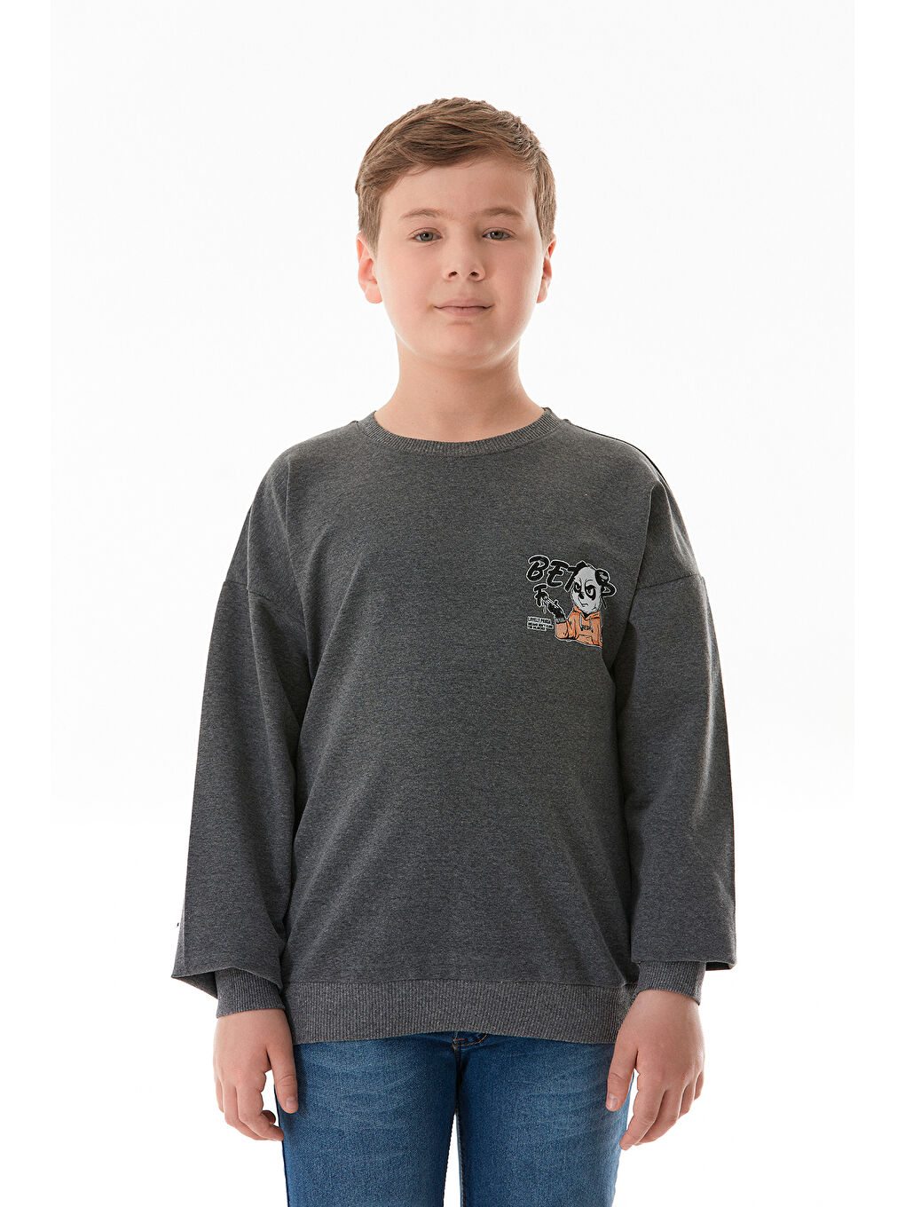 Antrasit Önü Ve Arkası Baskılı Bisiklet Yaka Erkek Çocuk Sweatshirt