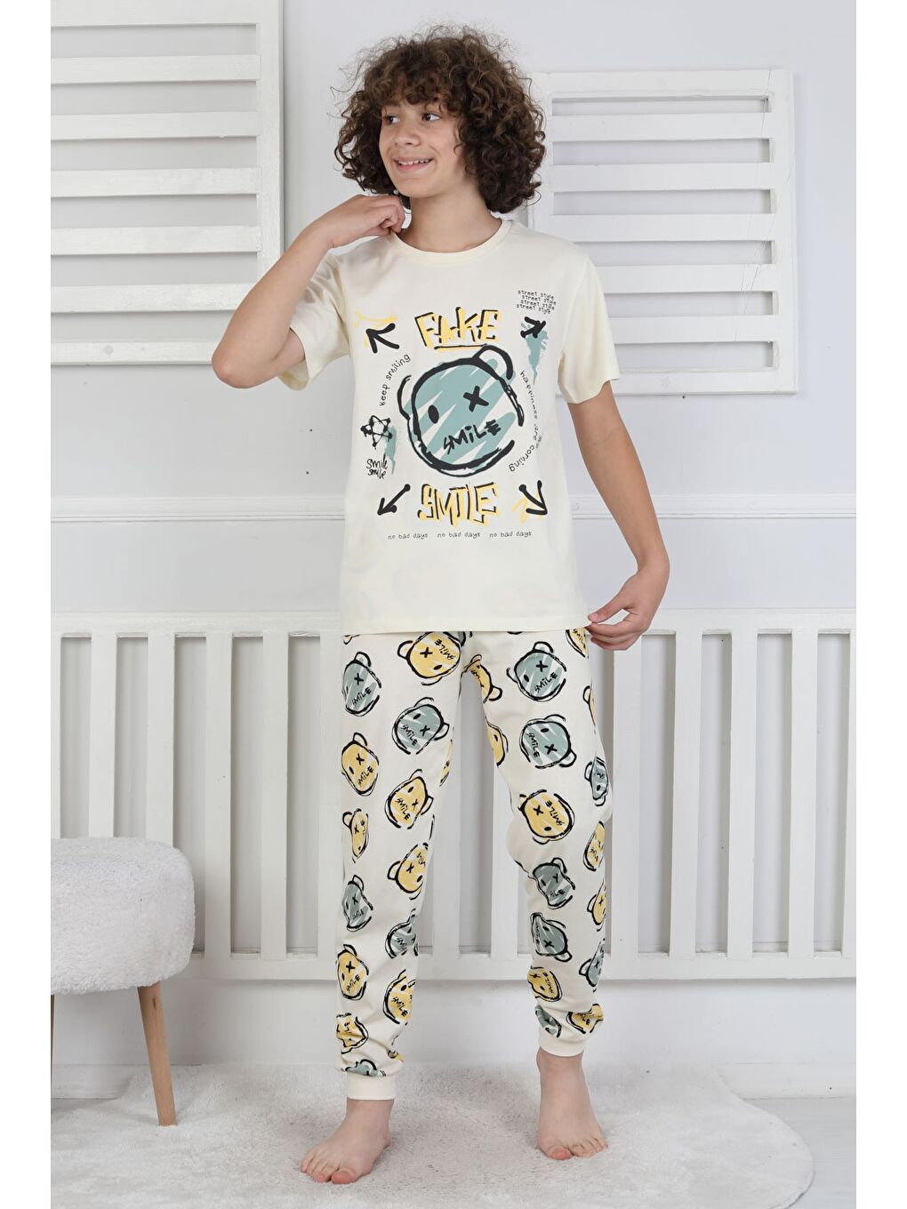 Sarı Çizgi Ayı Desenli Erkek Çocuk Pijama Takımı-1