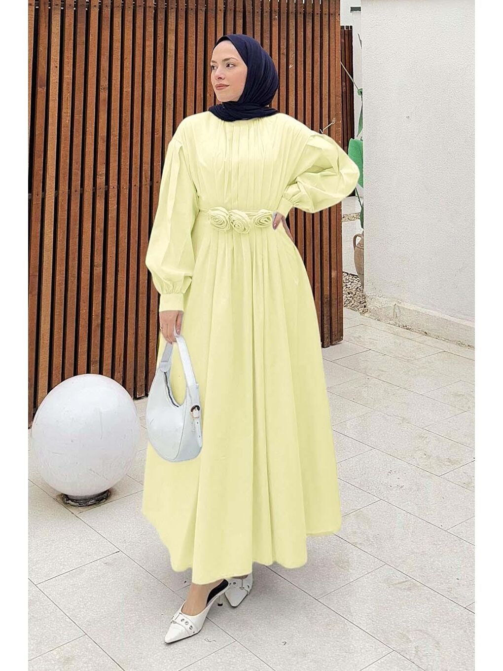 Pileli Poplin Elbise Sarı