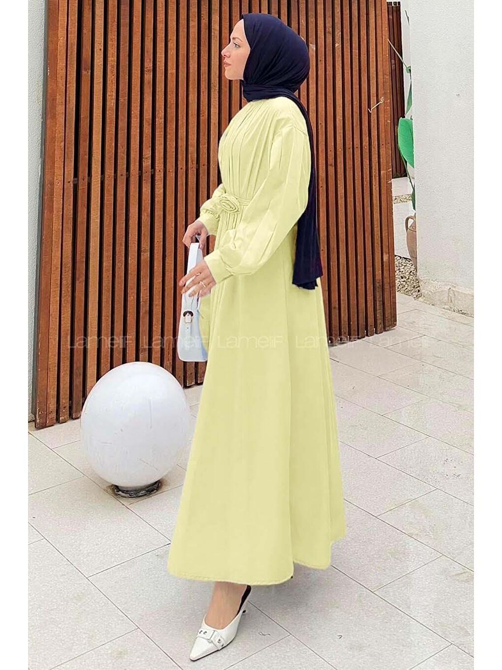 Pileli Poplin Elbise Sarı-1