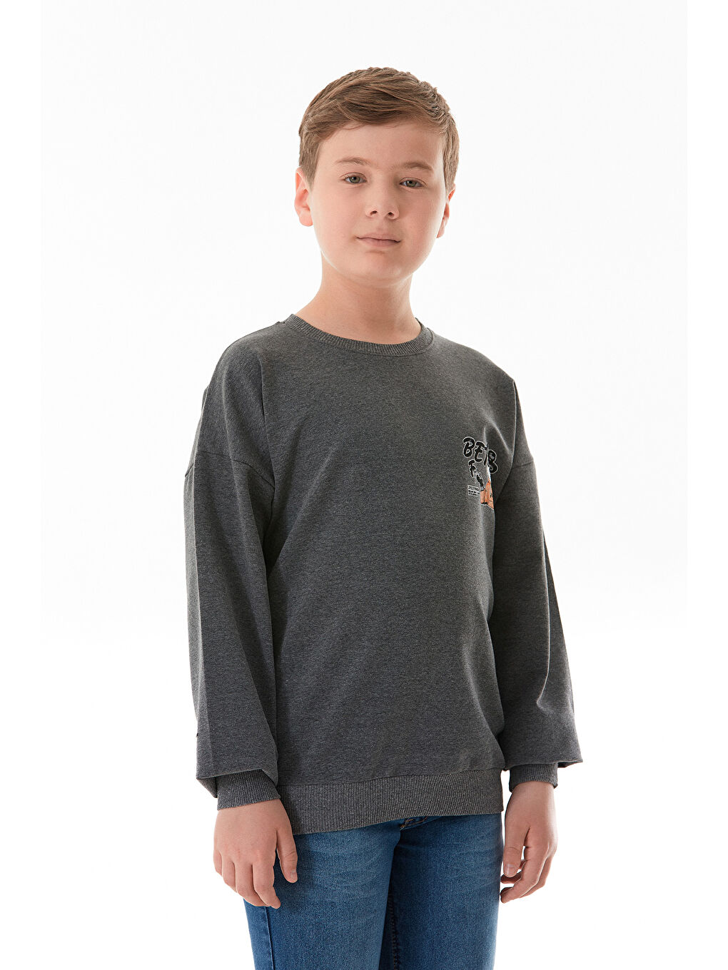 Antrasit Önü Ve Arkası Baskılı Bisiklet Yaka Erkek Çocuk Sweatshirt-2