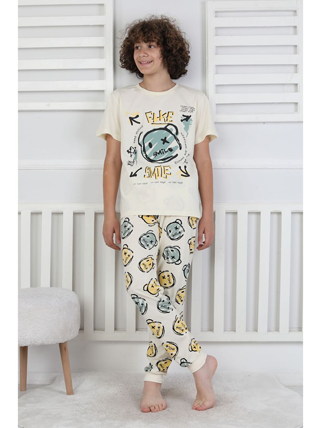 Sarı Çizgi Ayı Desenli Erkek Çocuk Pijama Takımı-2