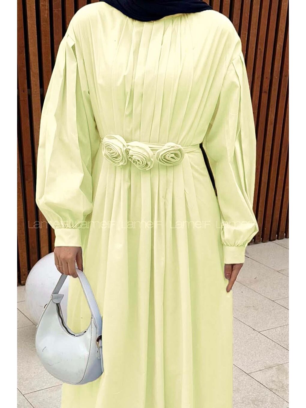 Pileli Poplin Elbise Sarı-2