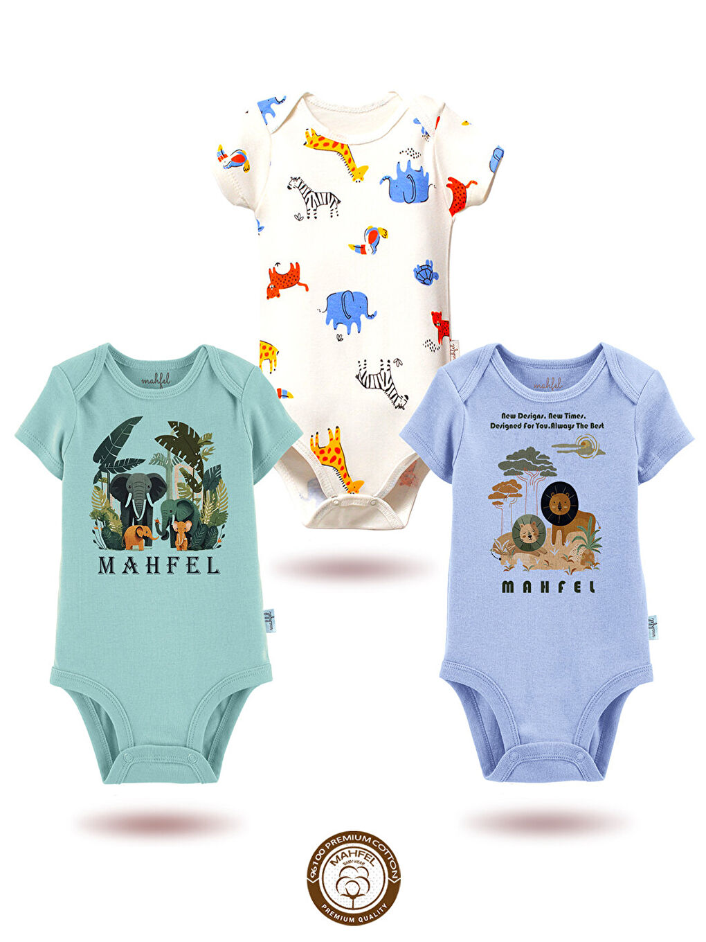 Kahverengi 3'lü %100 Pamuklu Organik Baskılı Kısa Kollu Çıtçıtlı Bebek Body Zıbın 732-783