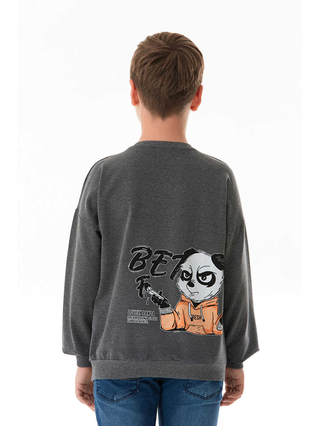 Antrasit Önü Ve Arkası Baskılı Bisiklet Yaka Erkek Çocuk Sweatshirt-3