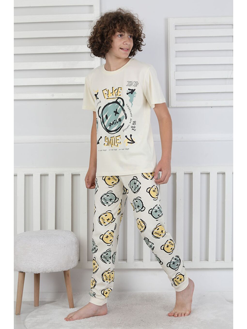 Sarı Çizgi Ayı Desenli Erkek Çocuk Pijama Takımı-4