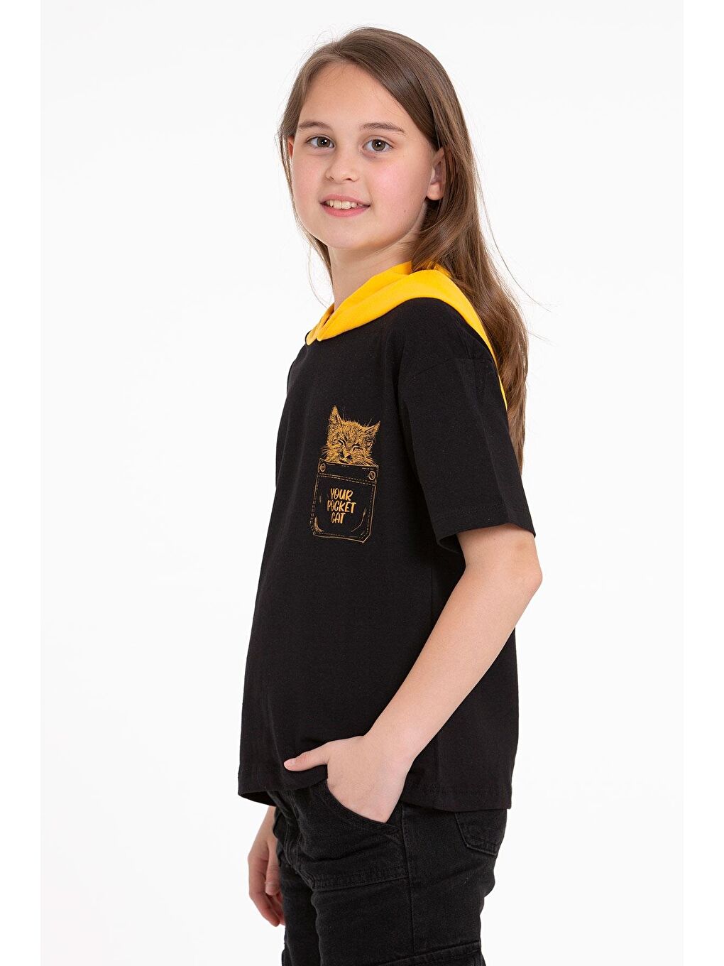 Kapüşonlu Kısa Kol Baskılı Siyah Renk Kız Çocuk Tshirt-2