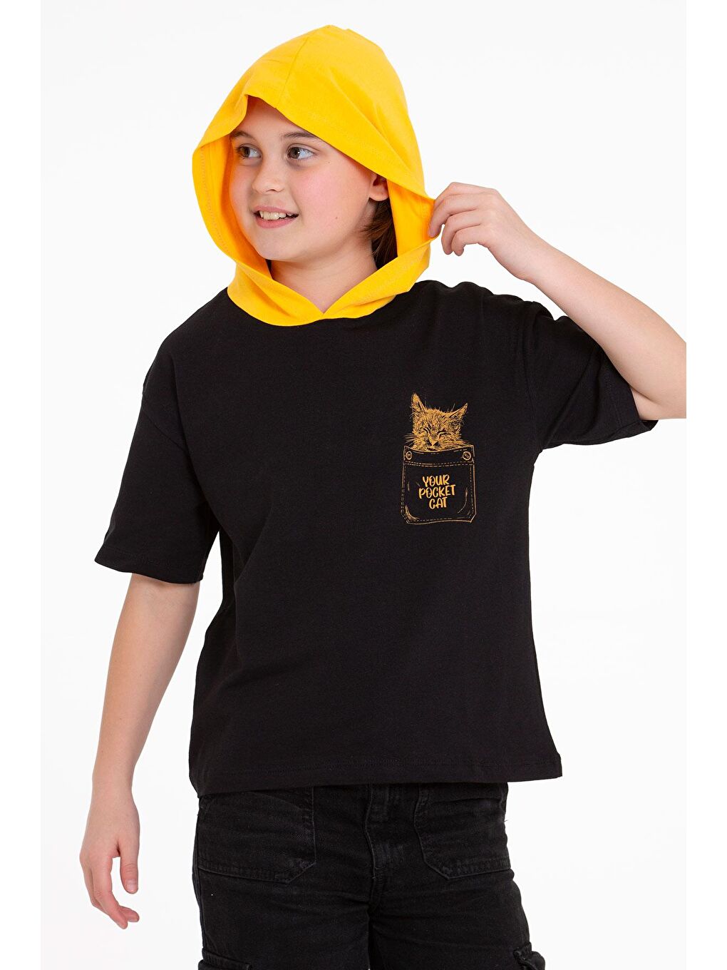 Kapüşonlu Kısa Kol Baskılı Siyah Renk Kız Çocuk Tshirt-3