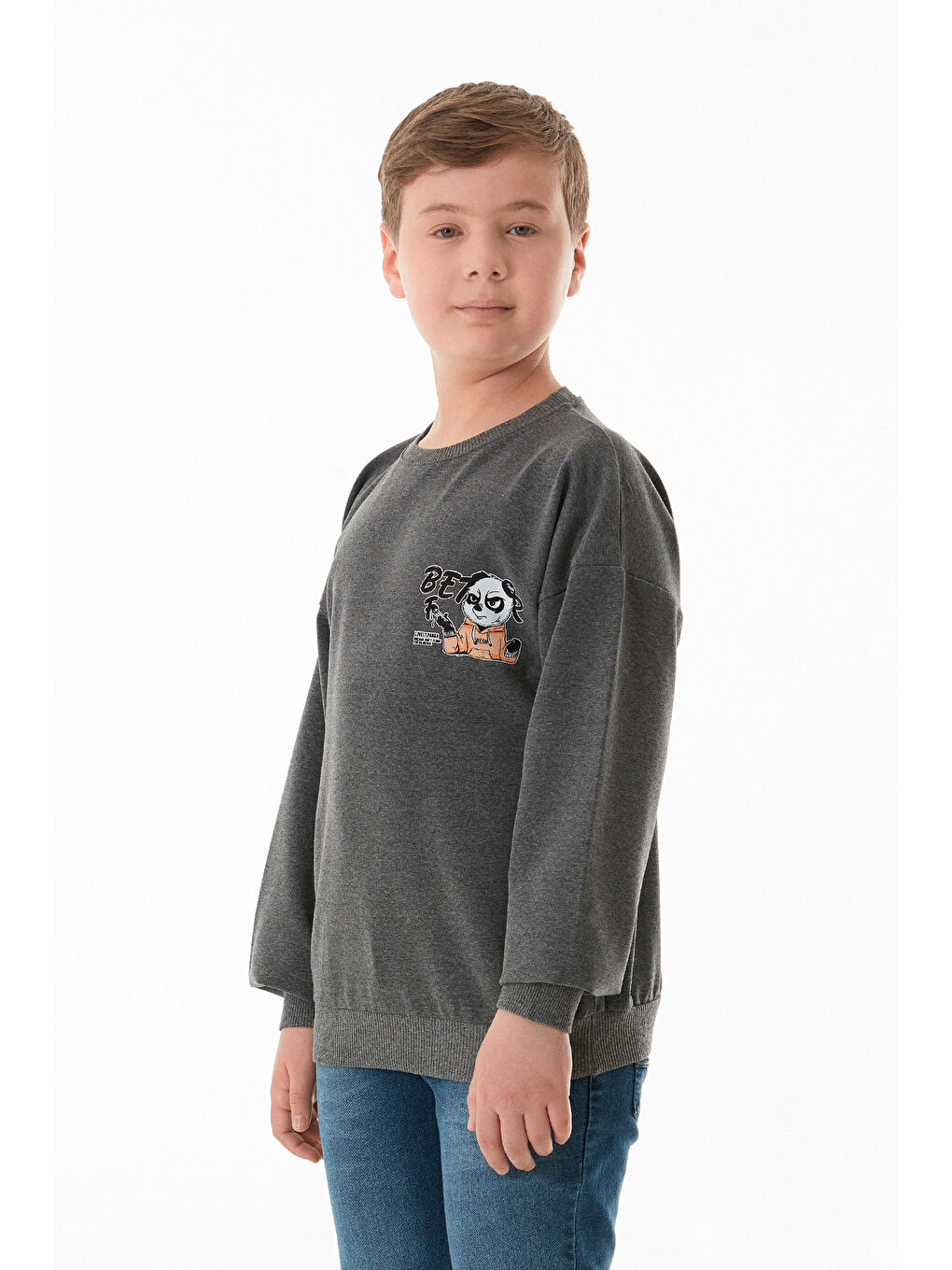 Antrasit Önü Ve Arkası Baskılı Bisiklet Yaka Erkek Çocuk Sweatshirt-4