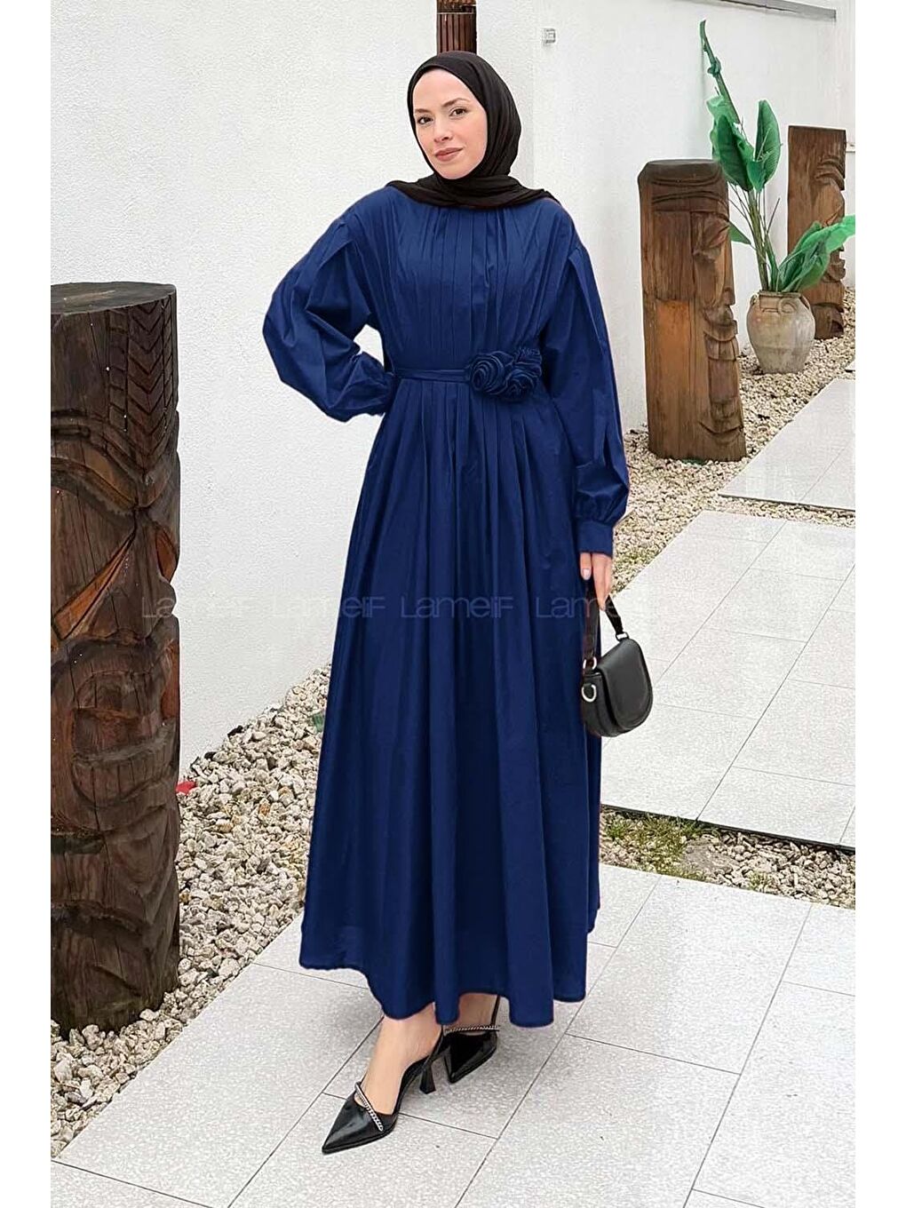 Pileli Poplin Elbise Lacivert