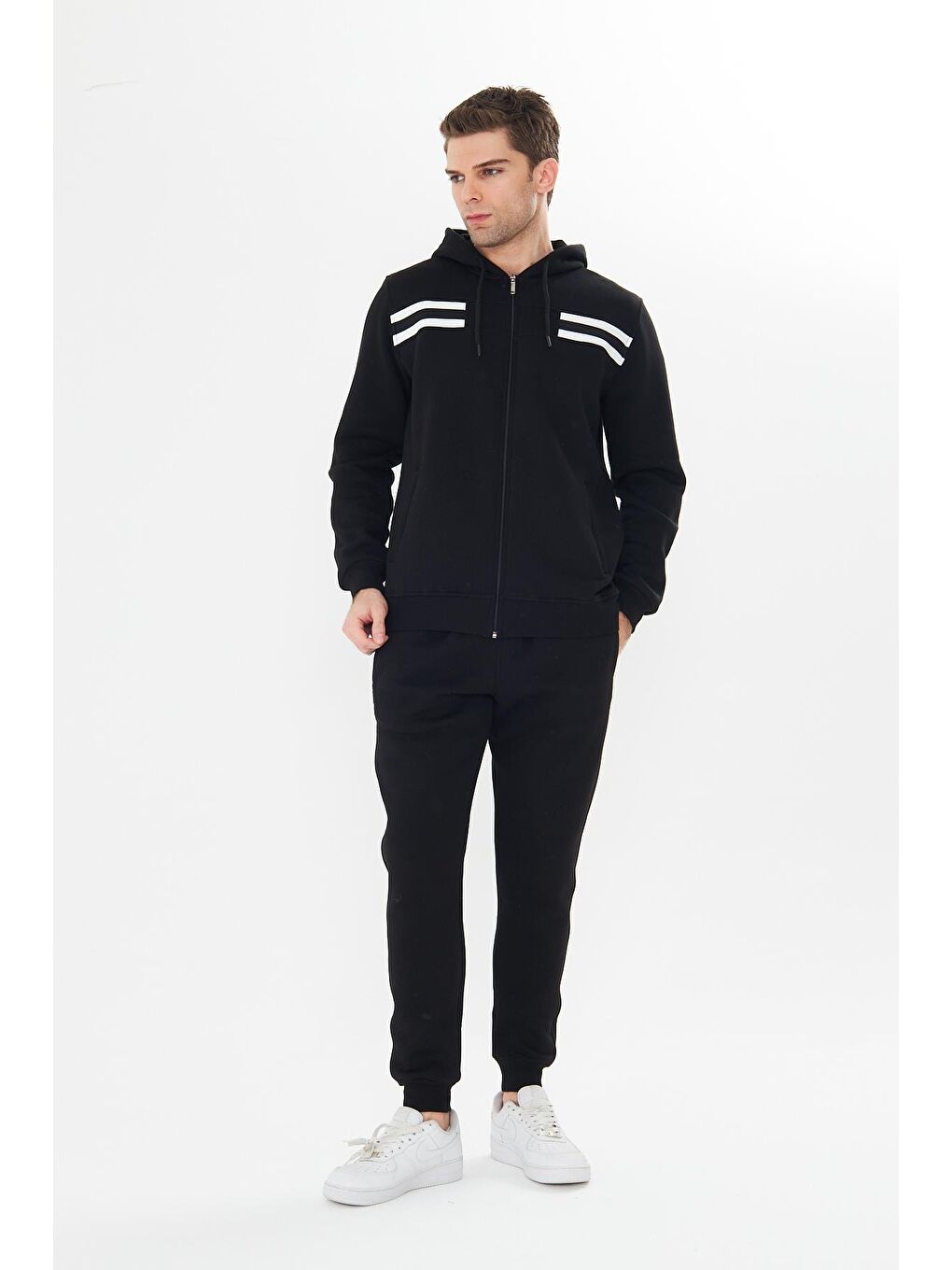 Erkek İçi Polarlı Kapüşonlu Kışlık Eşofman Takımı Siyah 9520-S-1