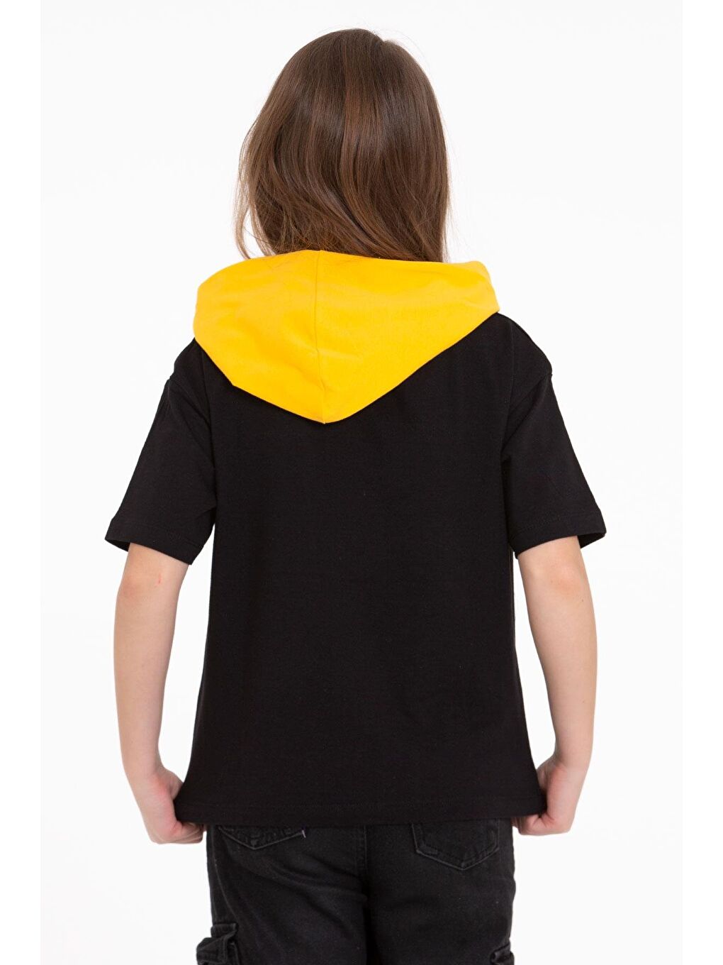 Kapüşonlu Kısa Kol Baskılı Siyah Renk Kız Çocuk Tshirt-4
