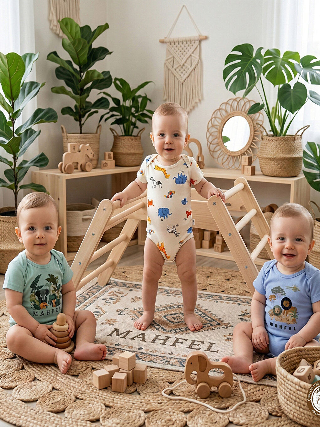 Kahverengi 3'lü %100 Pamuklu Organik Baskılı Kısa Kollu Çıtçıtlı Bebek Body Zıbın 732-783-1