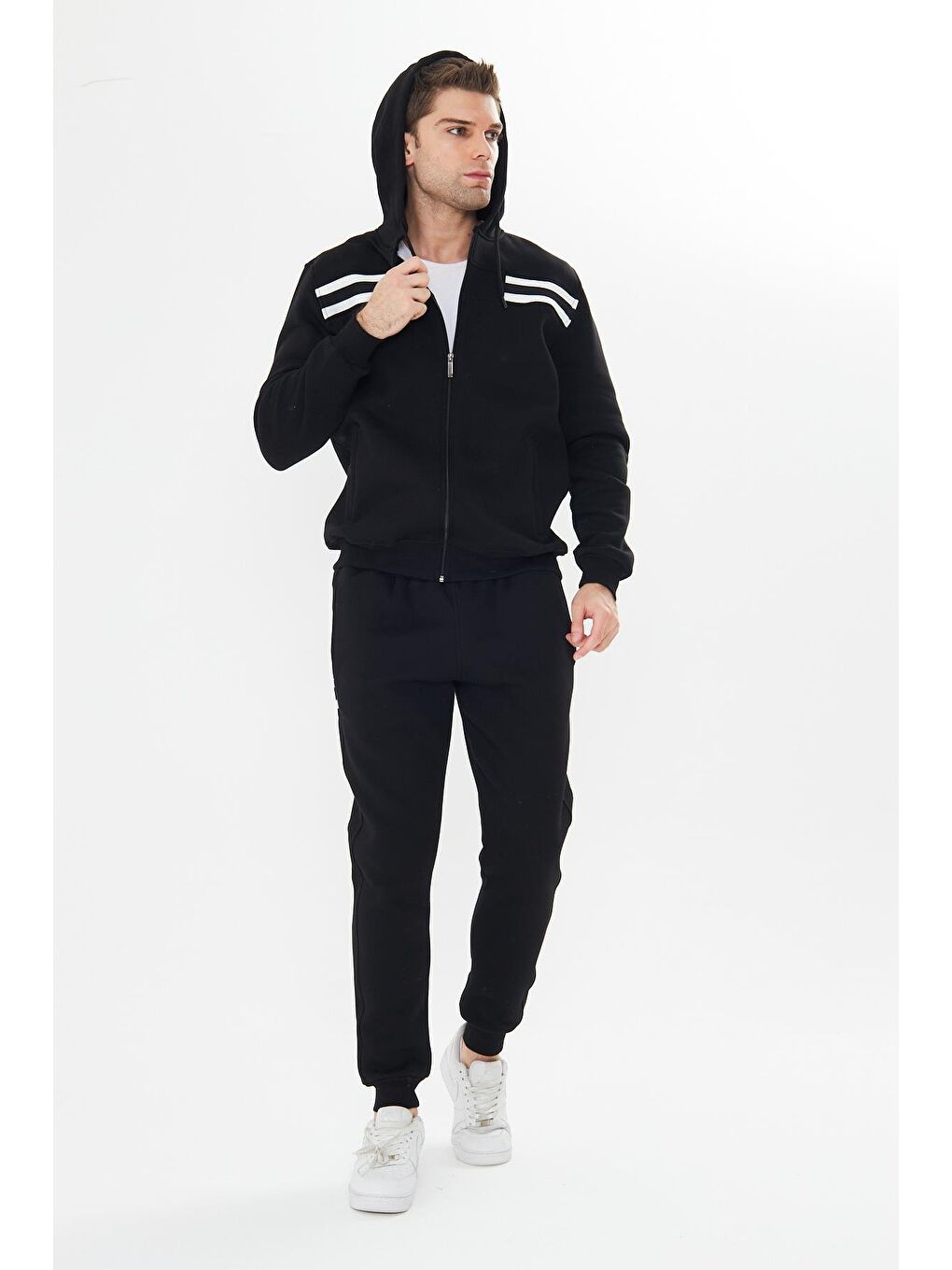 Erkek İçi Polarlı Kapüşonlu Kışlık Eşofman Takımı Siyah 9520-S-2