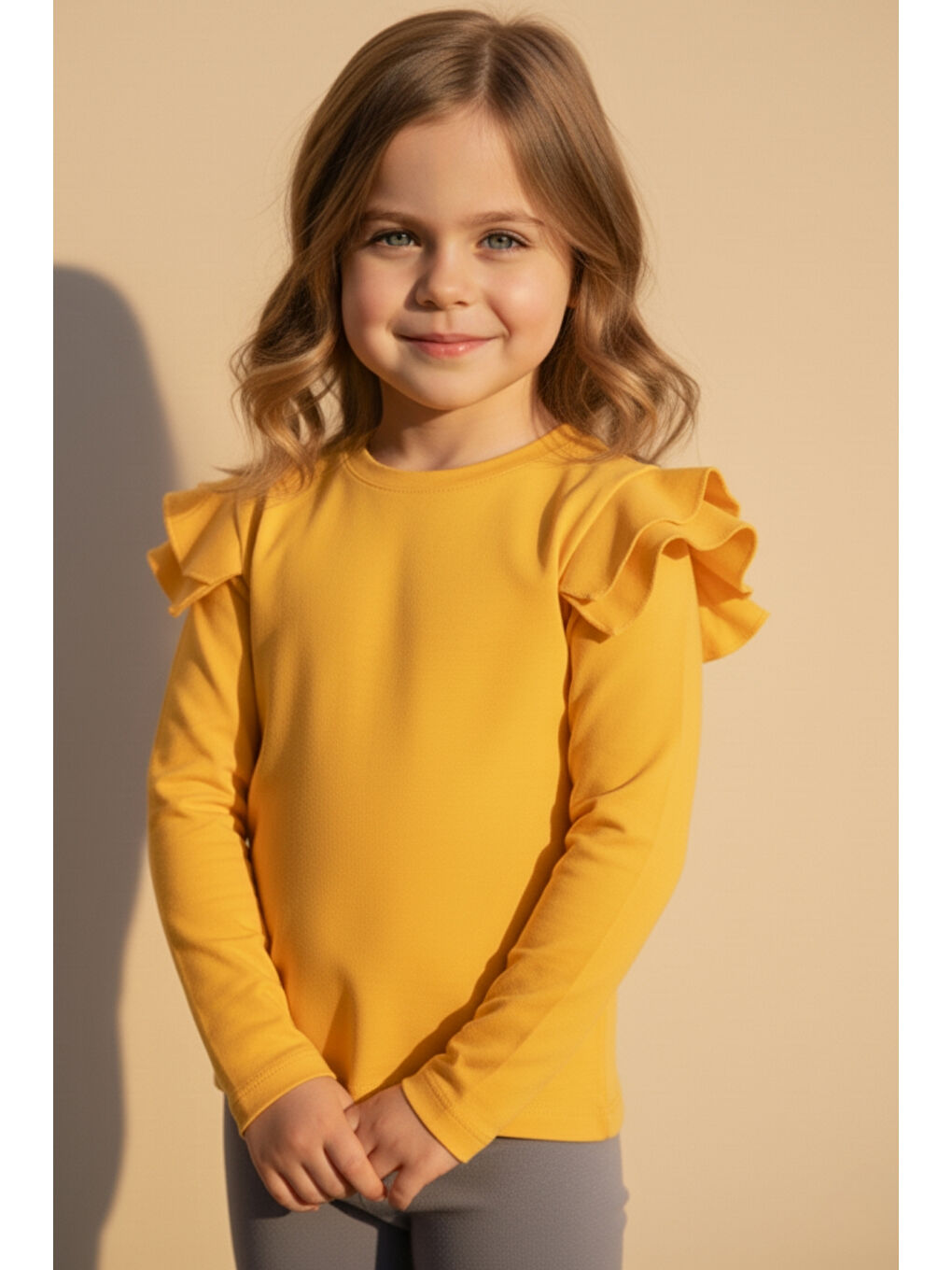Kız Çocuk Sarı Omuz Fırfırlı Bisiklet Yaka Body Bluz-2