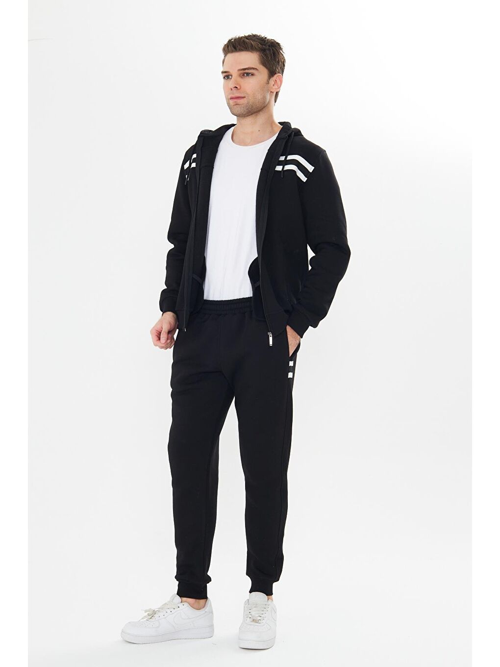 Erkek İçi Polarlı Kapüşonlu Kışlık Eşofman Takımı Siyah 9520-S-3