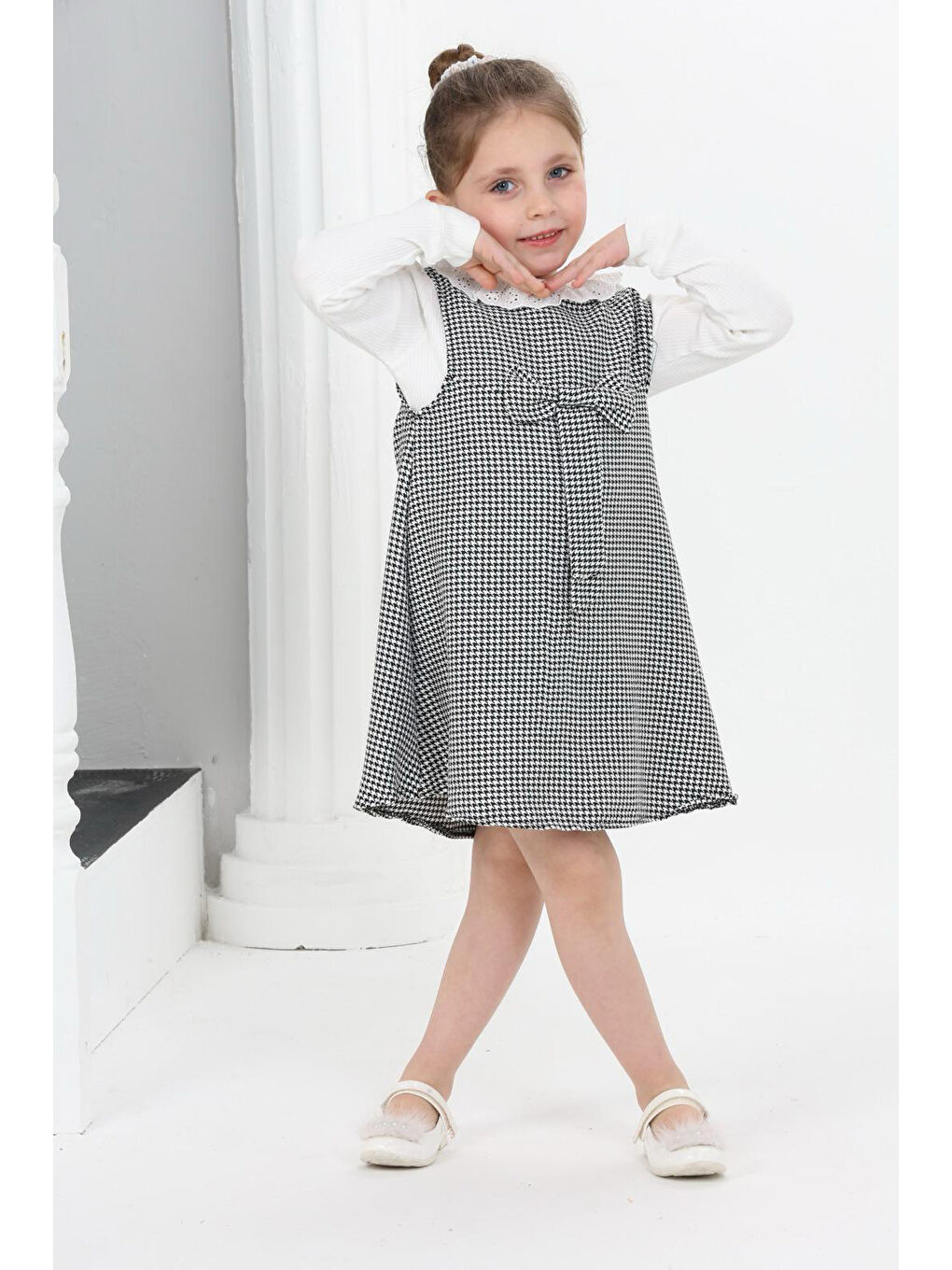 Siyah Kız Çocuk Kazayağı Desenli Şanel Kumaş 2'li Elbise (Elbise+Bady Bluz)12176