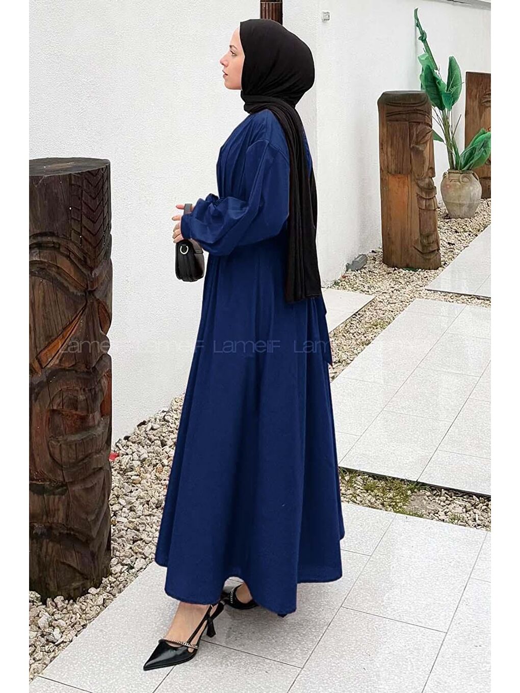 Pileli Poplin Elbise Lacivert-1