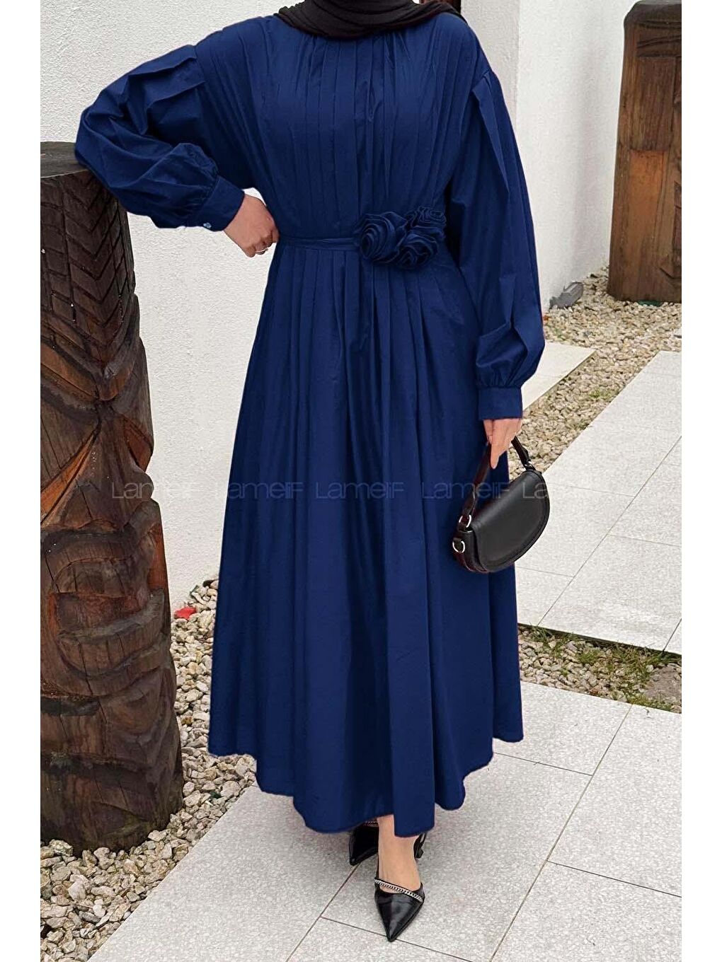 Pileli Poplin Elbise Lacivert-2