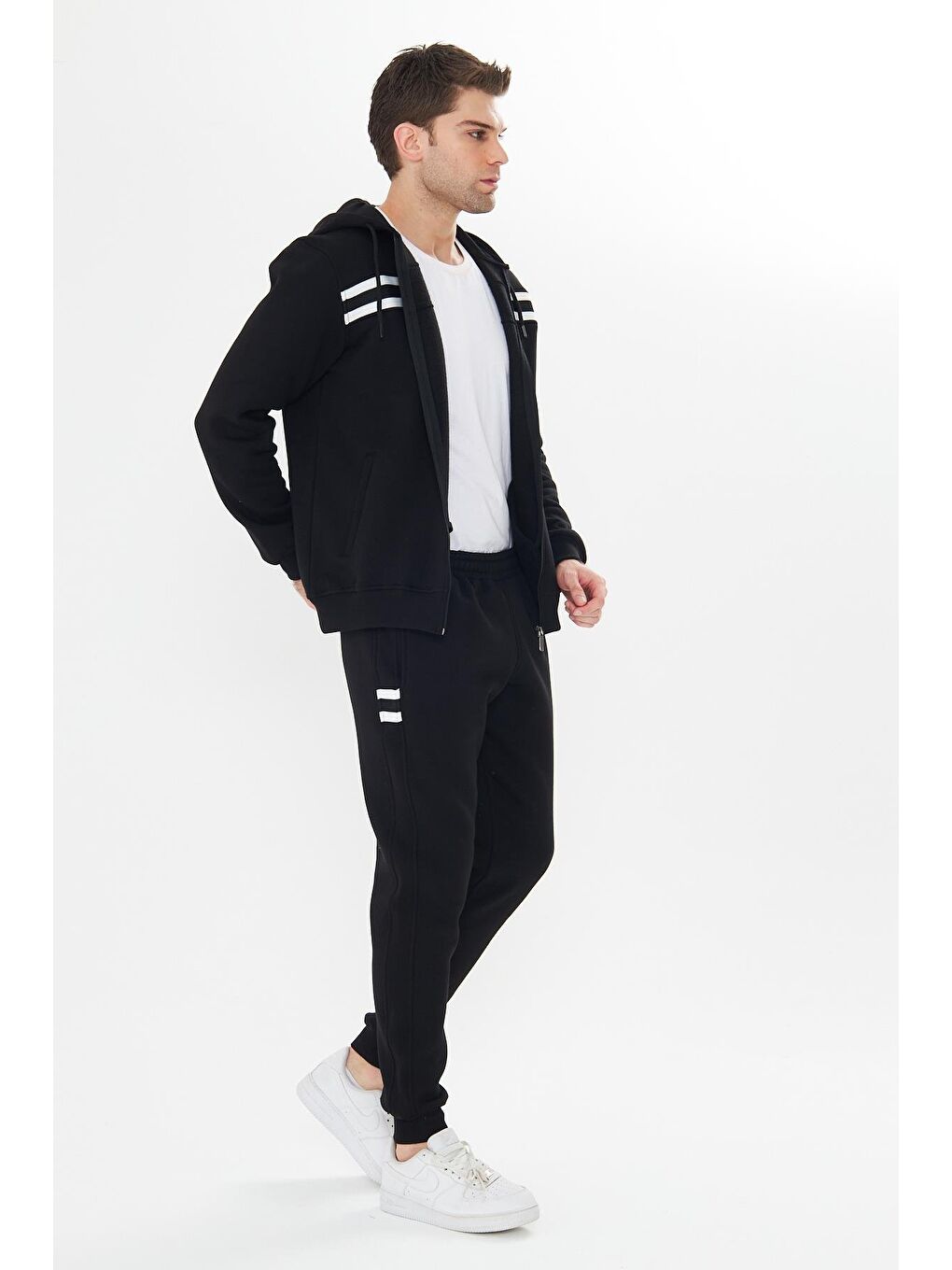 Erkek İçi Polarlı Kapüşonlu Kışlık Eşofman Takımı Siyah 9520-S-4