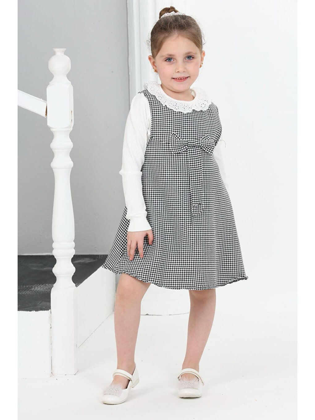 Siyah Kız Çocuk Kazayağı Desenli Şanel Kumaş 2'li Elbise (Elbise+Bady Bluz)12176-1