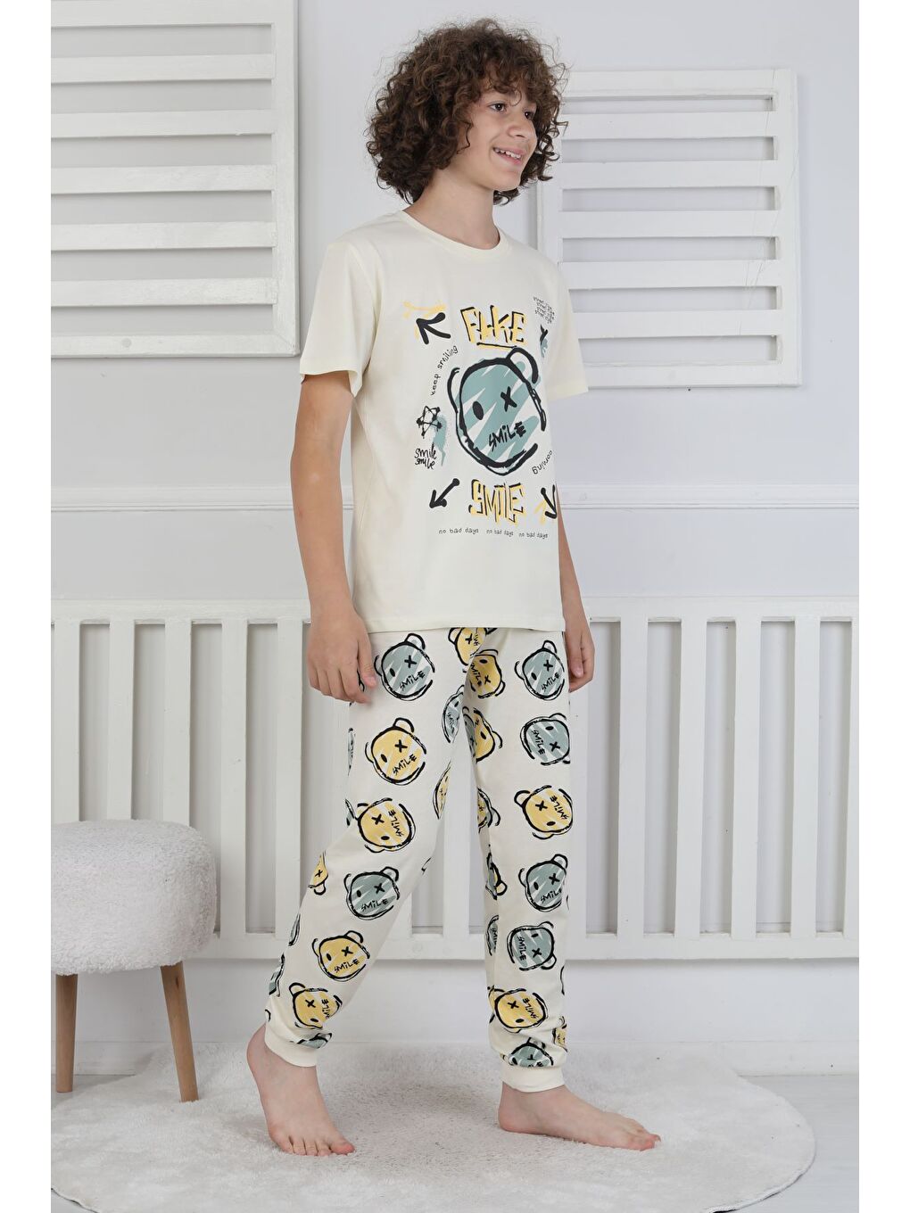 Sarı Çizgi Ayı Desenli Erkek Çocuk Pijama Takımı-7