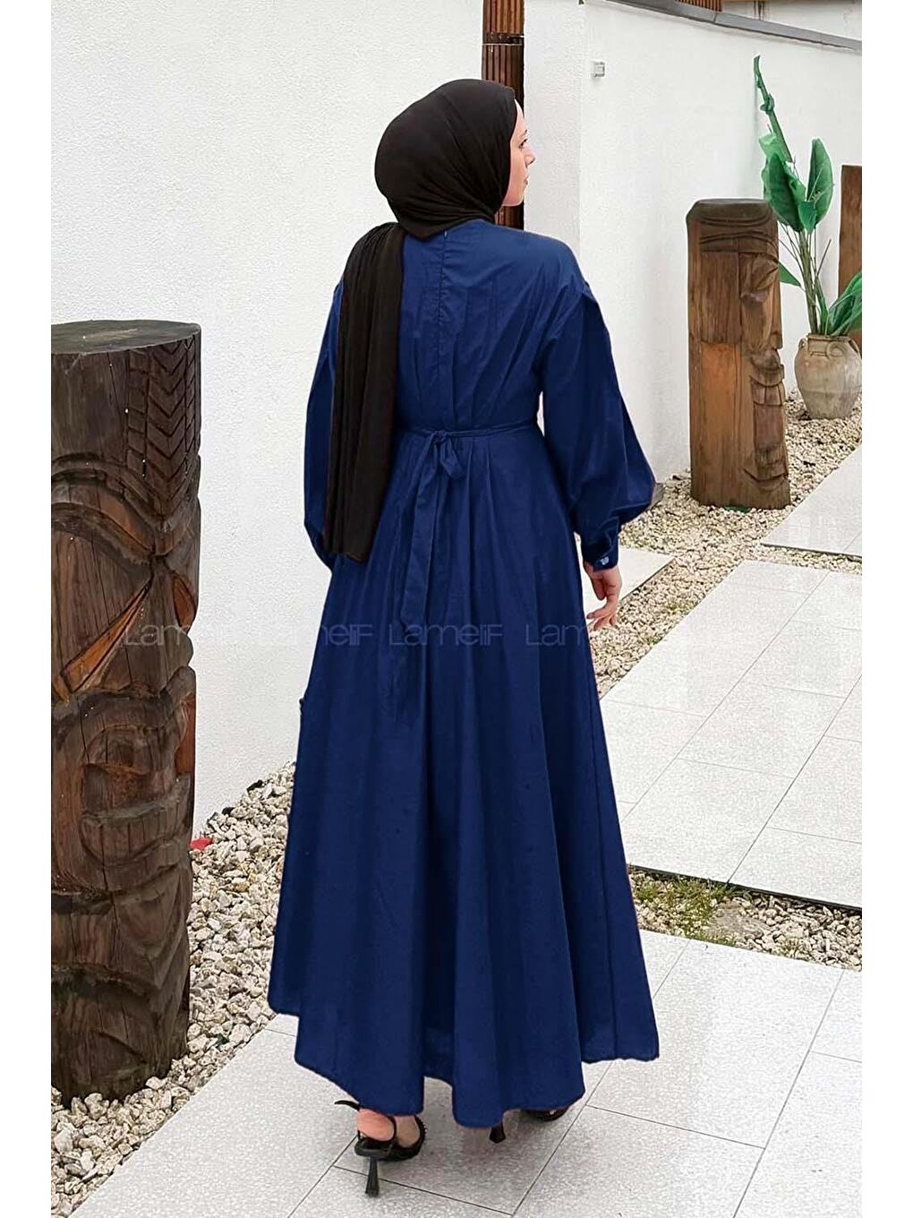 Pileli Poplin Elbise Lacivert-3