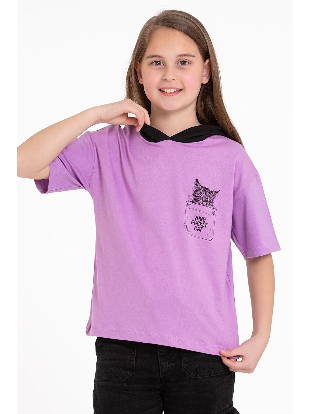 Kapüşonlu Kısa Kol Baskılı Lila Renk Kız Çocuk Tshirt