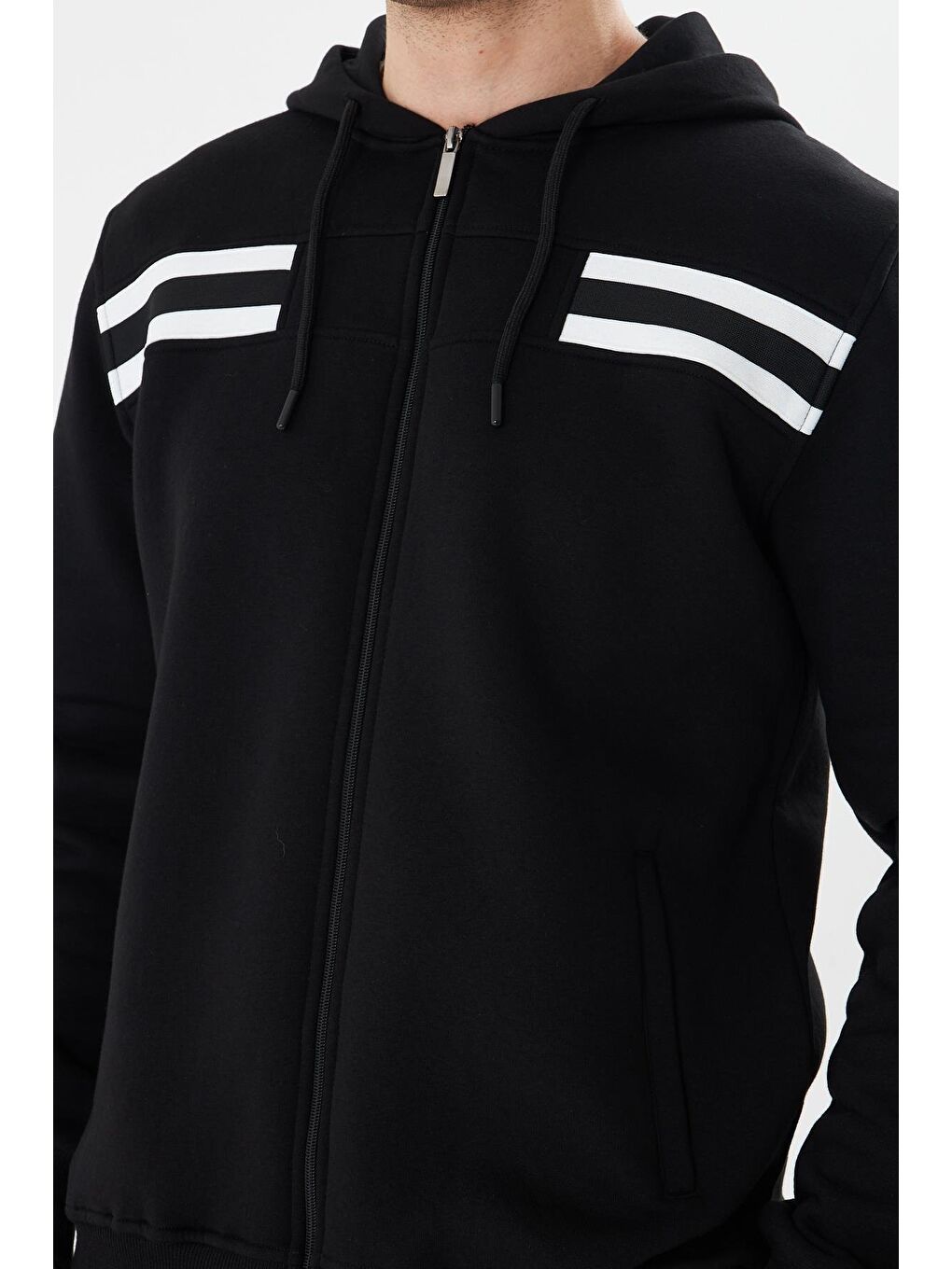 Erkek İçi Polarlı Kapüşonlu Kışlık Eşofman Takımı Siyah 9520-S-6