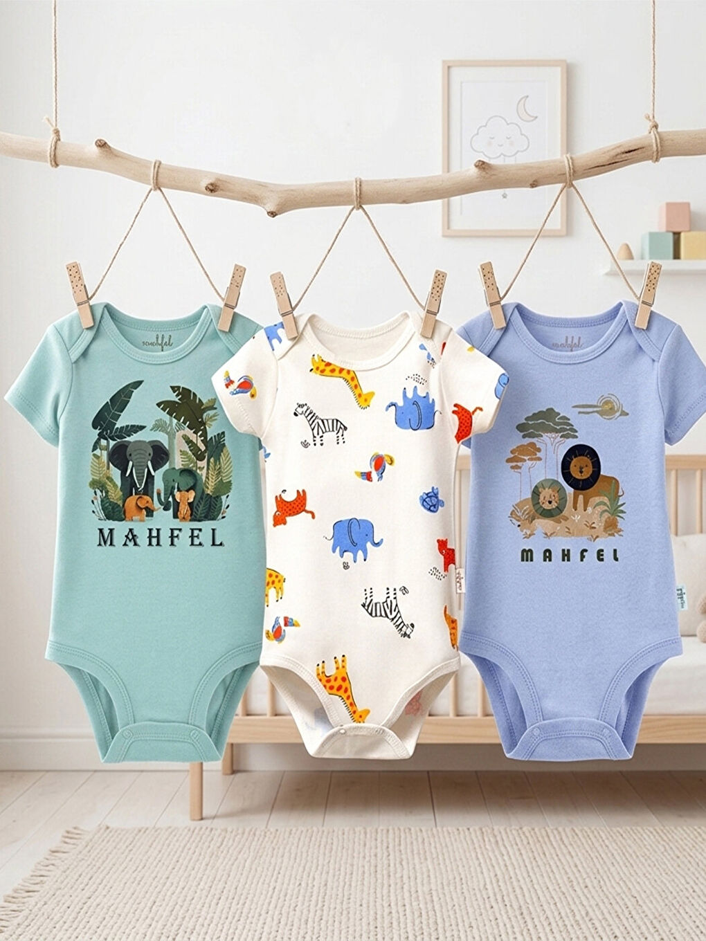 Kahverengi 3'lü %100 Pamuklu Organik Baskılı Kısa Kollu Çıtçıtlı Bebek Body Zıbın 732-783-2