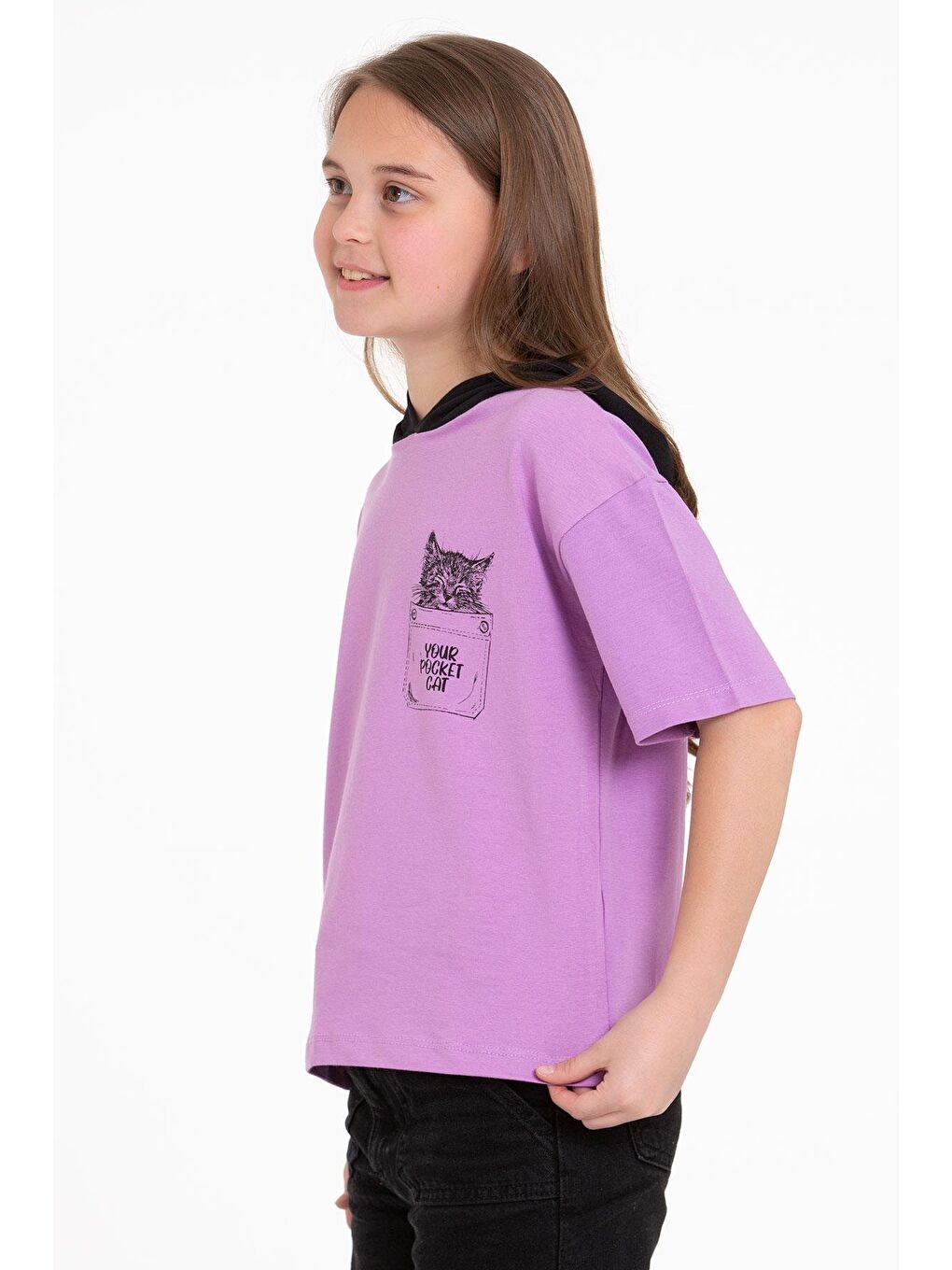 Kapüşonlu Kısa Kol Baskılı Lila Renk Kız Çocuk Tshirt-1